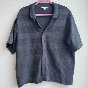 KOTN Organic Cotton Stripe Short Sleeve Button Down Polo Gray Mens Size Medium